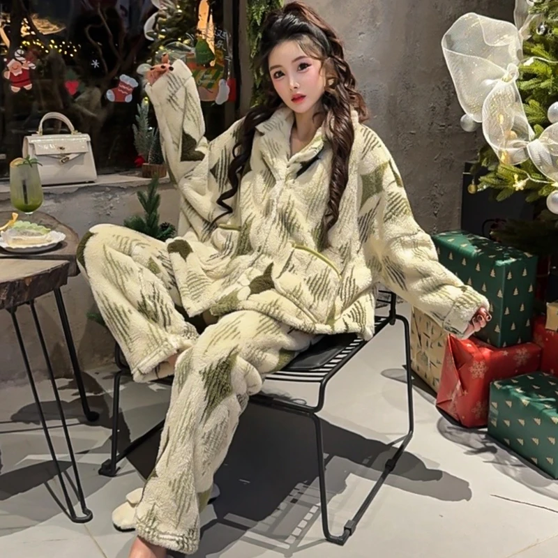 可外穿睡衣女冬季新款加厚珊瑚绒家居服高克重韩版加绒保暖套装