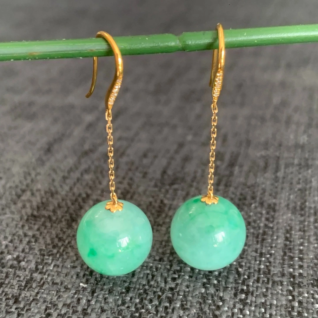 翡翠耳饰天然缅甸翡翠阳绿圆珠耳坠正品翡翠转运珠耳钩耳环