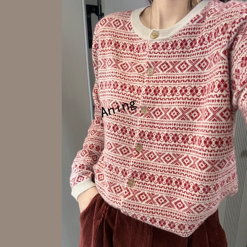 康A【费尔岛提花】复古时尚女士圆领针织开衫毛衣羊绒衫