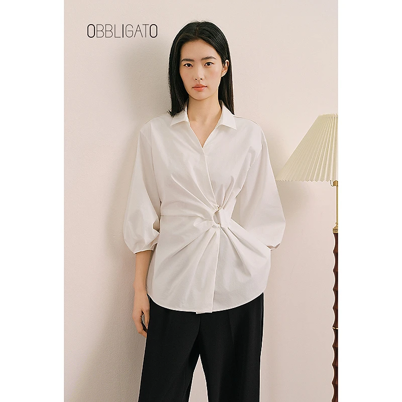 OBBLIGATO奥丽嘉朵2025秋季斜纹棉金属扣环衬衫1C35330070