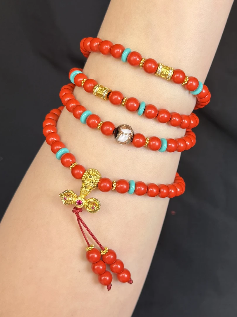 含辰砂工艺品朱砂108颗项链降杵颈饰+景泰蓝工艺顶珠MK1102