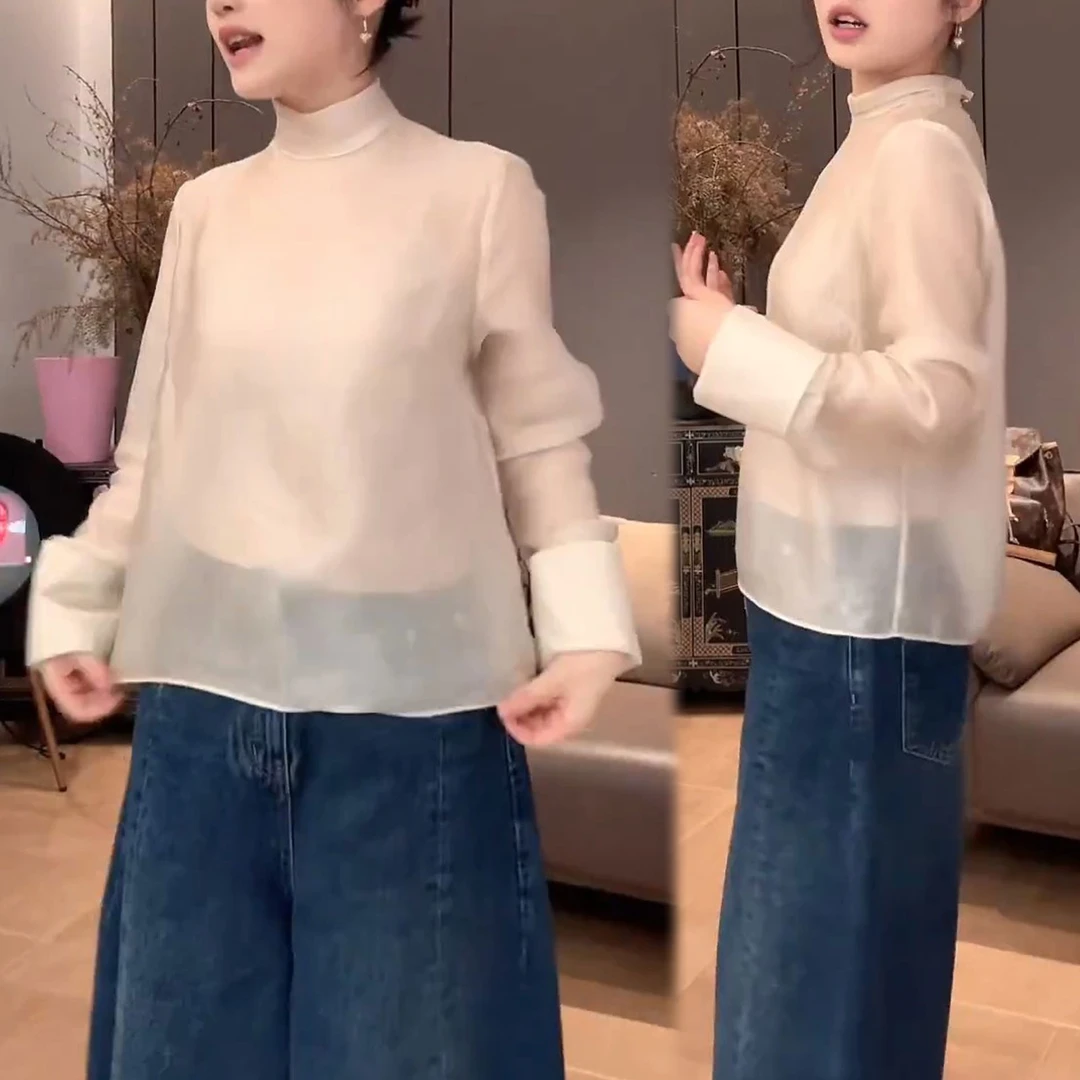 原创珠光细闪~百搭高级感T恤女2025秋季微透时尚立领上衣打底衫