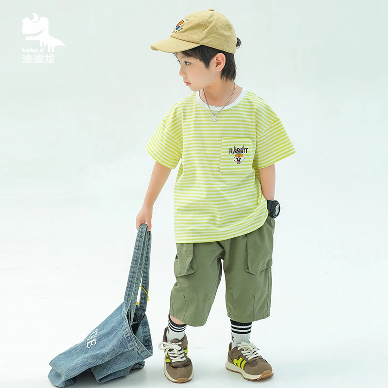 波波龙男女儿童夏季杆条短袖T恤TM242229548