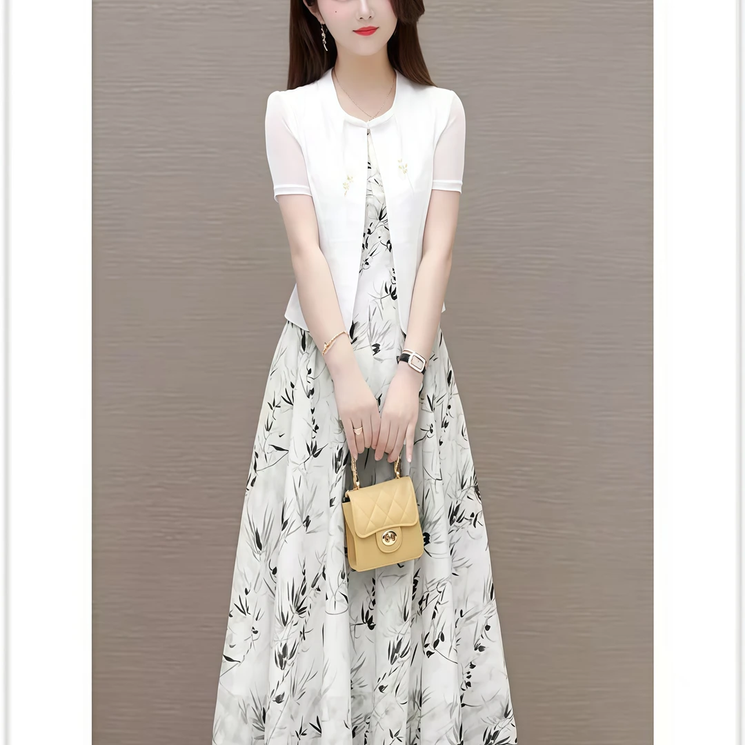 新款连衣裙新中式两件套国风连衣裙夏季长款碎花连衣裙