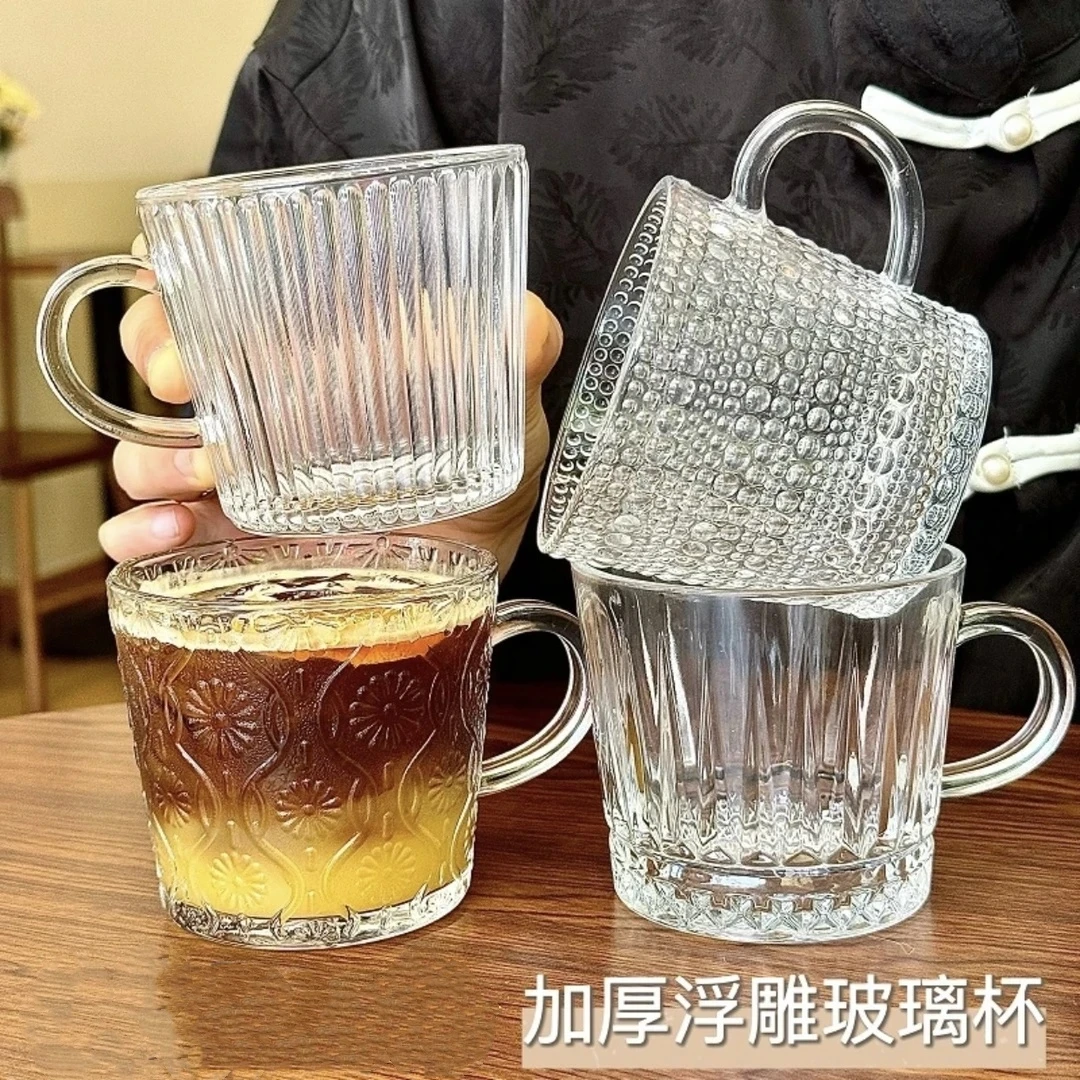 【四个装】ins风竖条纹饮料杯子玻璃杯加厚防烫水杯牛奶杯咖啡杯子