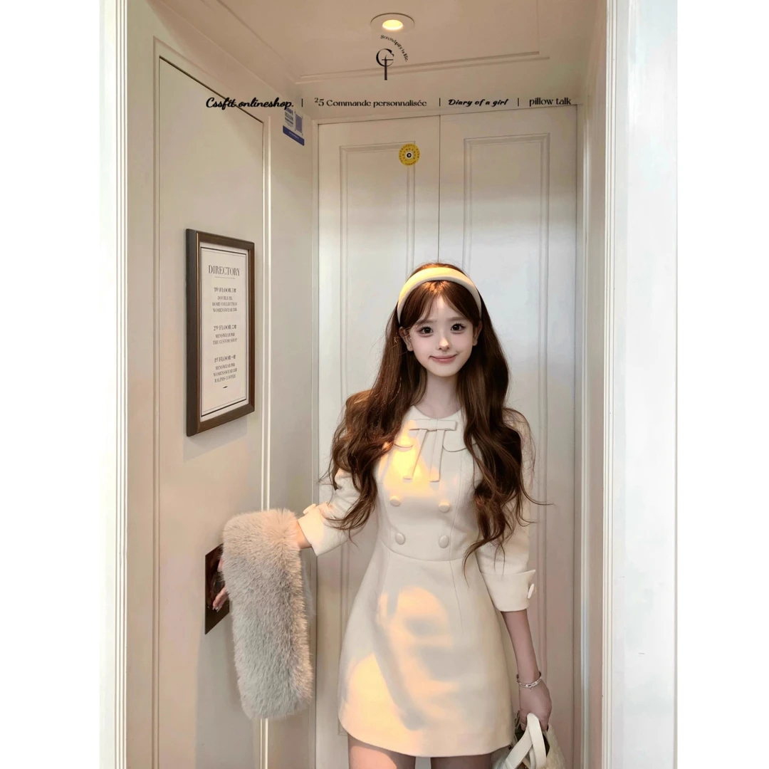 【牛奶酒酿】秋冬新款彼得潘翻领蝴蝶结双排扣连衣裙女显瘦收腰短裙