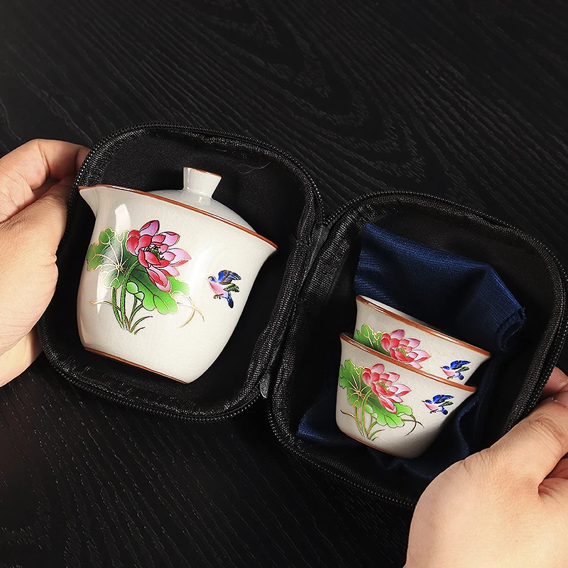 可开片汝窑一壶两杯手抓壶遇热变色高档泡茶器便携式户外旅行茶具