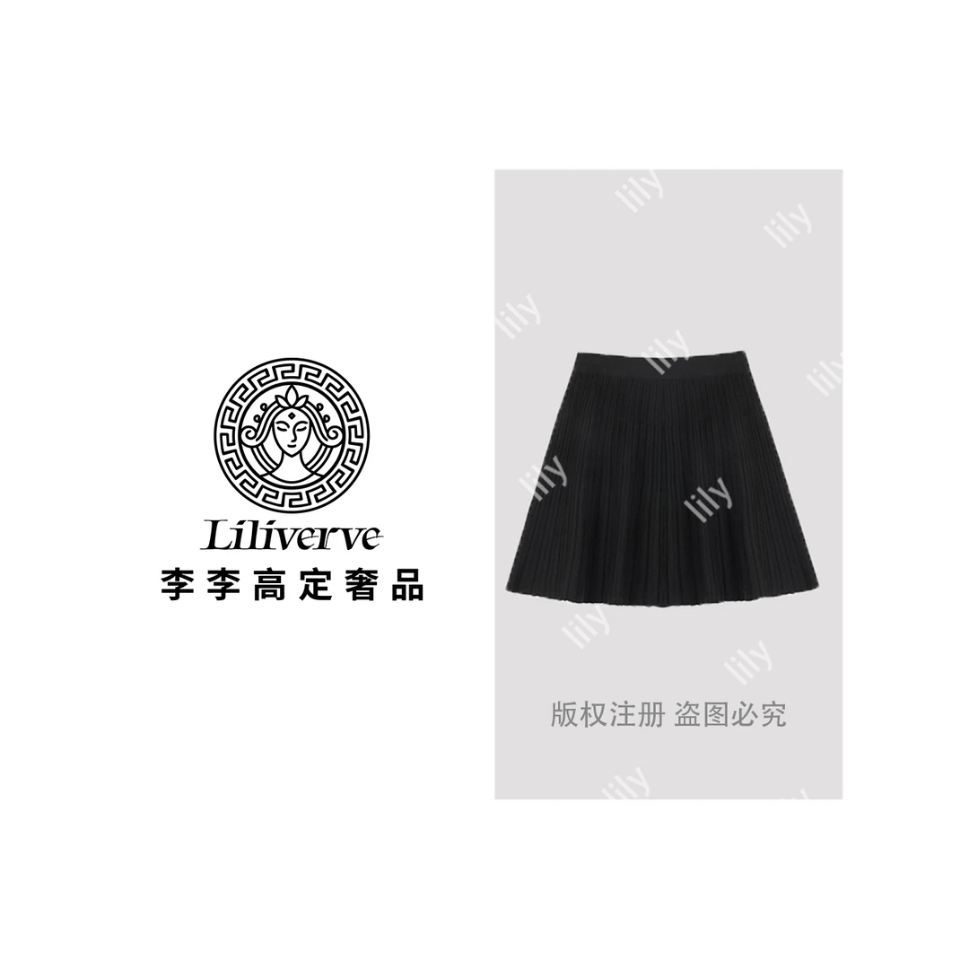 【李李lily】【黑森林】设计师款气质黑色百褶针织半身裙秋季新款