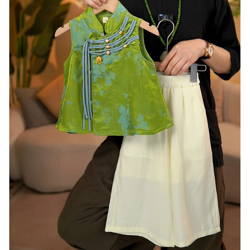 亲子童装套装中式国风套装两件套新款夏季九分阔腿国潮高货提花韩