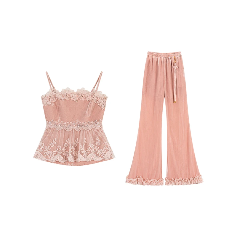 杜屁屁桃PITAO原创【半糖云朵 】秋季新款女蕾丝甜美丝绒上衣裤子