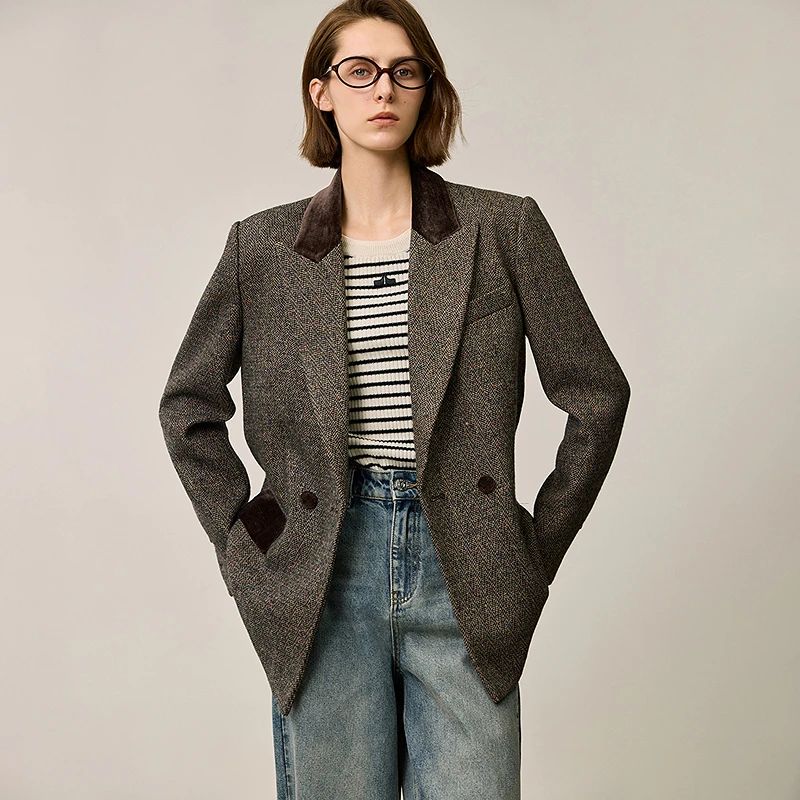 LILY冬季新款雅丹风彩点花呢撞色丝绒休闲西装外套女124409F2917