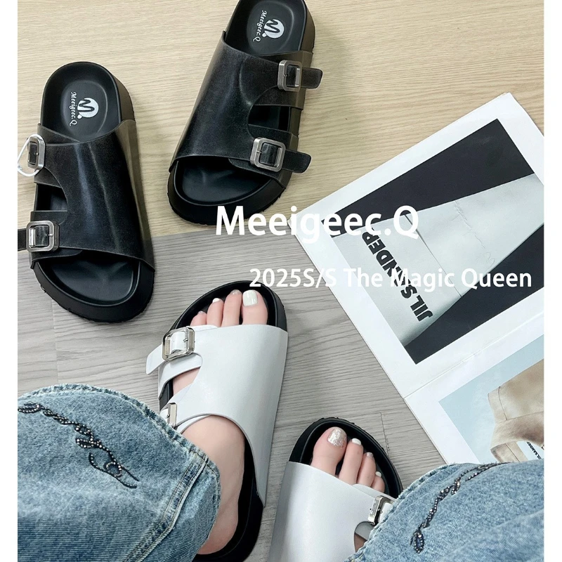 厚底增高凉拖鞋女夏外穿2025新款时尚休闲皮带扣露趾绝美一字拖鞋