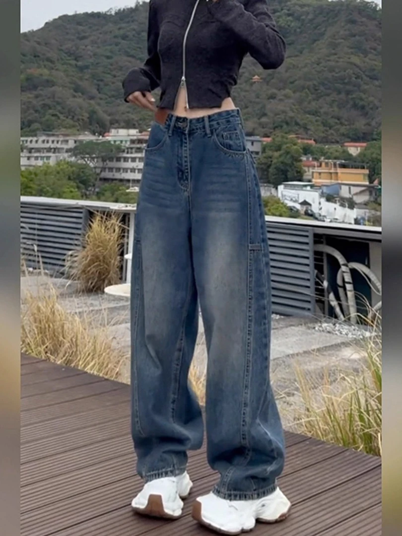 蓝色阔腿牛仔裤女2025秋冬加绒梨形身材大码显瘦高腰百搭弯刀裤