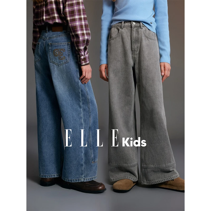 ELLE KIDS童装 复古水洗牛仔长裤女童秋冬新款学院风字母绣花裤D4