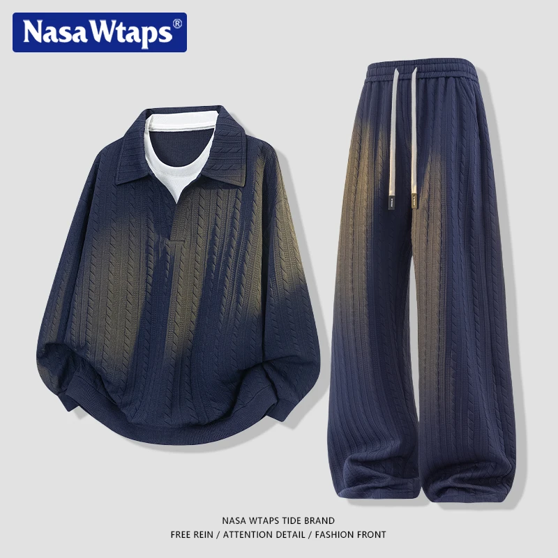 NASA WTAPS假两件提花polo衫套装男款春秋季新款宽松休闲运动套装