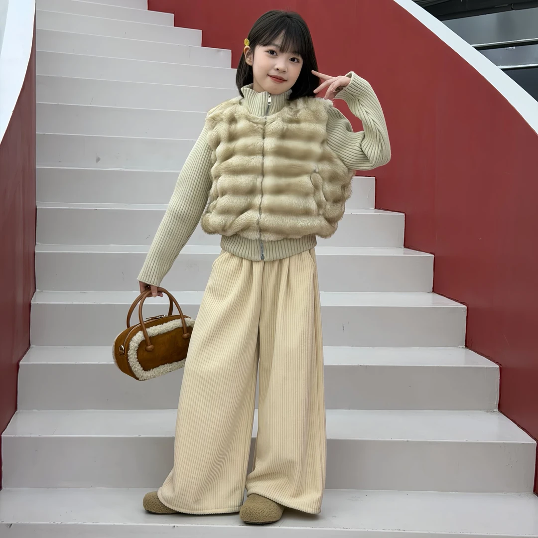女童厚实毛毛外套软糯加绒糯米裤冬2026中大童加绒加厚皮草外套潮