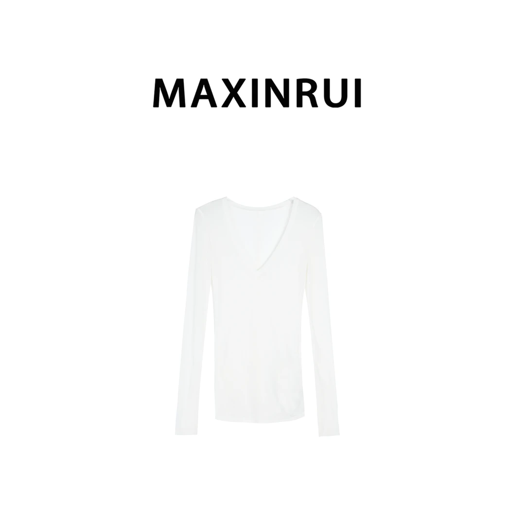 MAXINRUI 25ss天丝羊毛混纺深V领修身显瘦长袖上衣R8124
