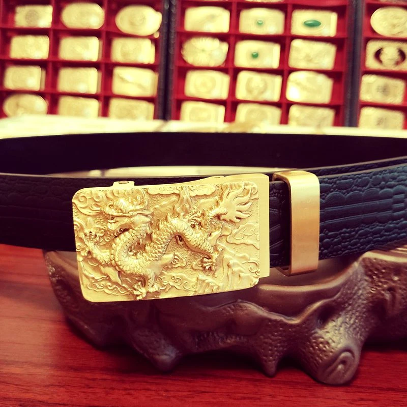 【品正定制】浮雕方龙自动扣套装头层牛皮黄铜扣百搭男士腰带真皮