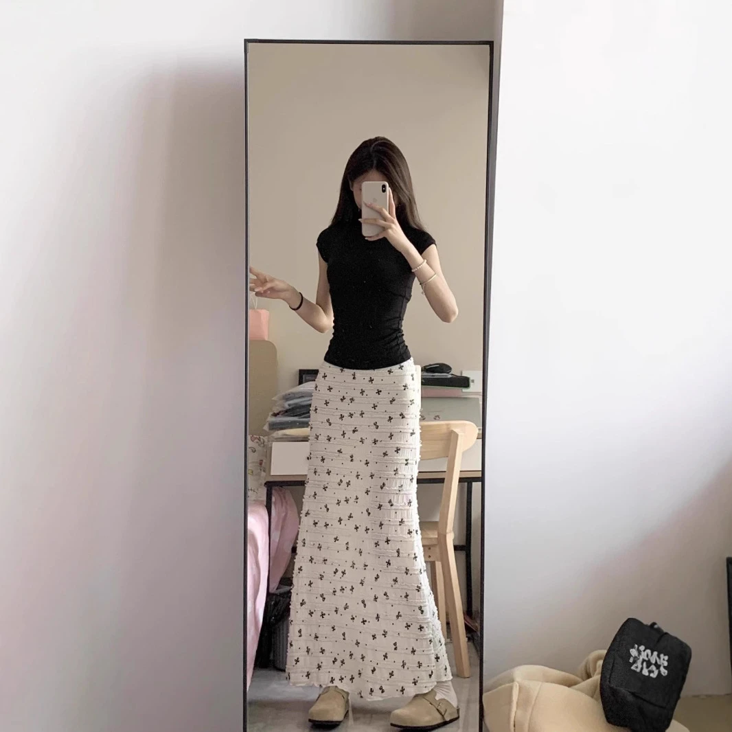 175高个子加长韩系度假风蝴蝶结印花蕾丝半身裙女超长纯欲鱼尾裙