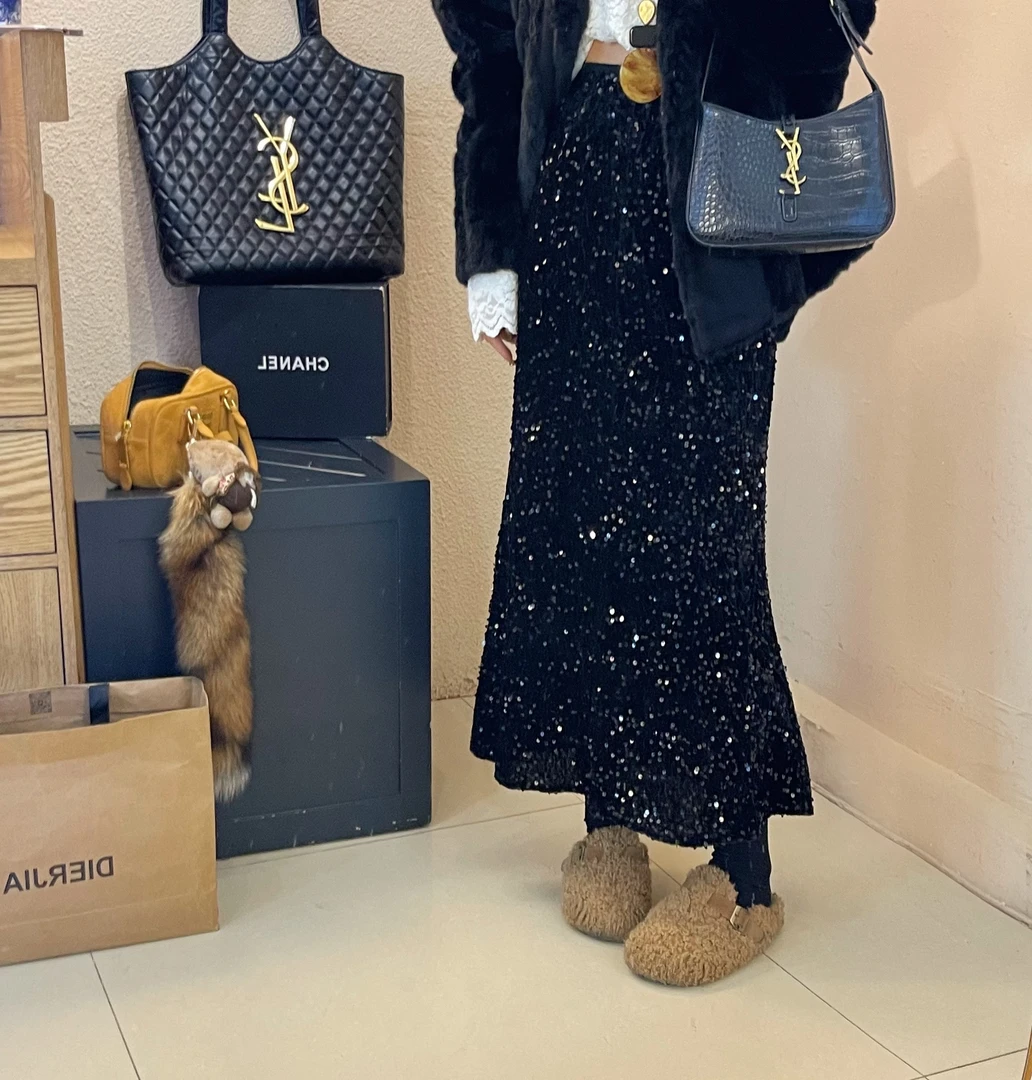 韩版洋气亮片鱼尾显瘦半身裙气质高腰时尚百搭复古设计感小众