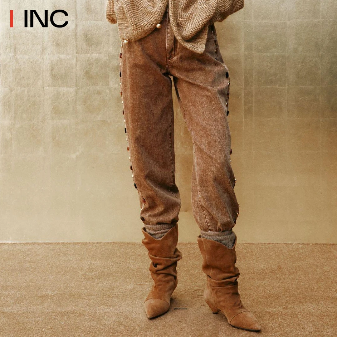 XUZHI 宝石装饰廓形剪裁牛仔裤女25AW秋季新款复古直筒长裤子IINC