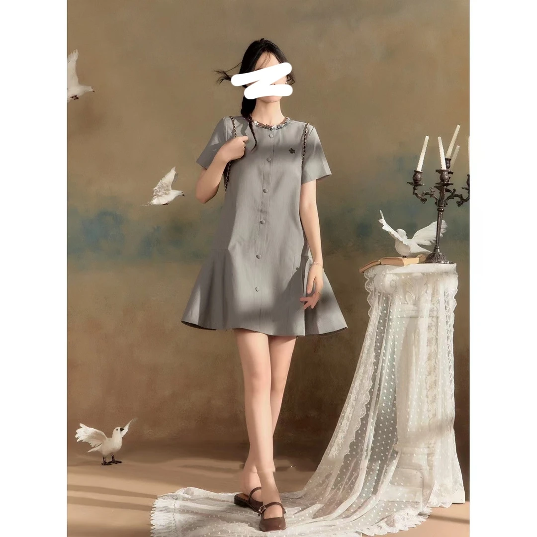 气质亮片领口设计小香风连衣裙灰色单排扣显瘦连衣裙L998