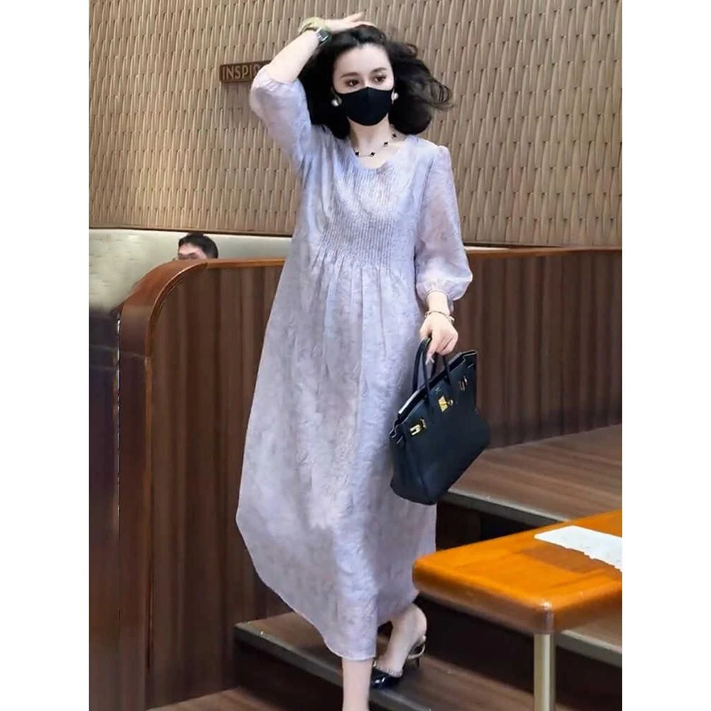 高级感灰紫色连衣裙2025夏季时尚气质大码宽松纯欲阔太太时髦女装