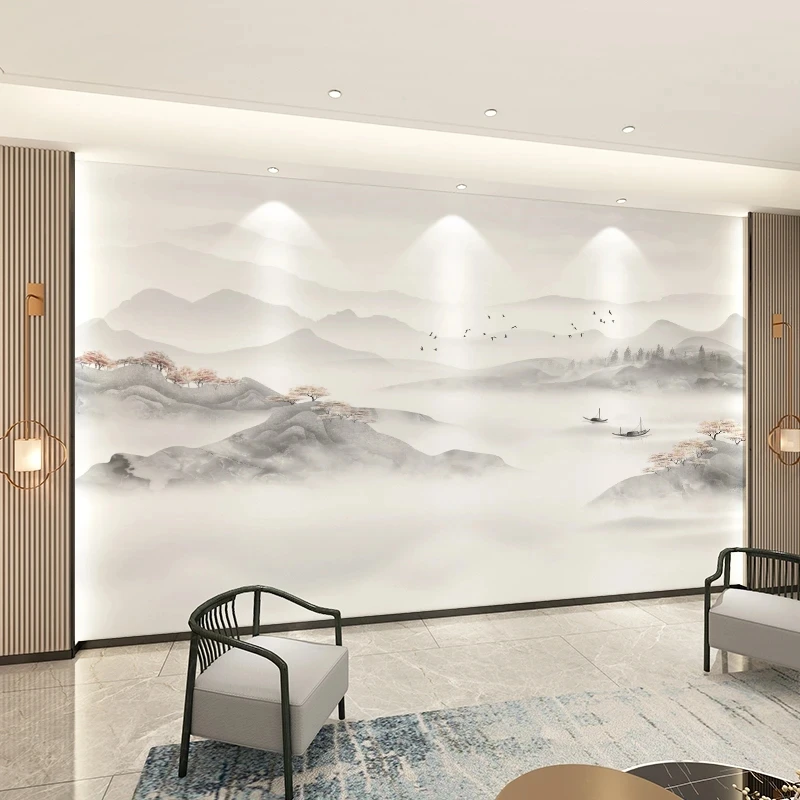 新中式淡雅客厅电视背景墙壁画办公室山水3d立体壁布沙发茶室墙布