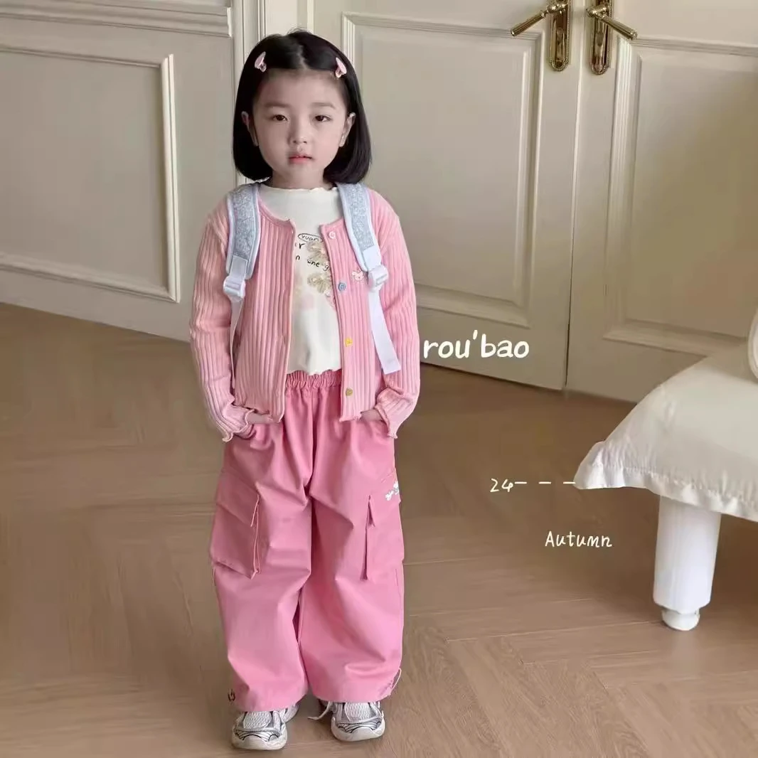 女童开衫套装秋装女宝宝柔软上衣彩扣外套长袖休息百搭裤两件套