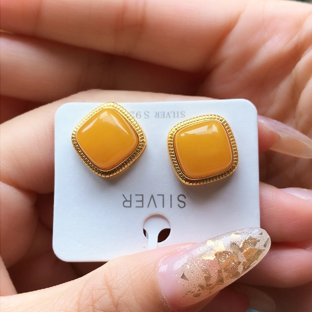 银S925镶嵌蜜蜡耳饰耳钉