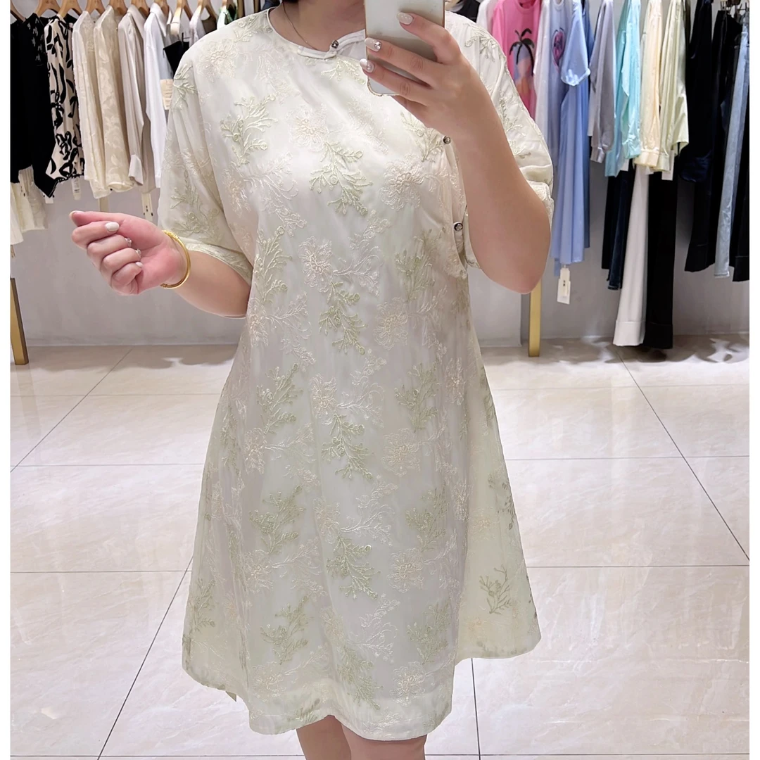 2025春夏欧若风套头汉服复古V领连衣裙提花长款新中式短袖绣花