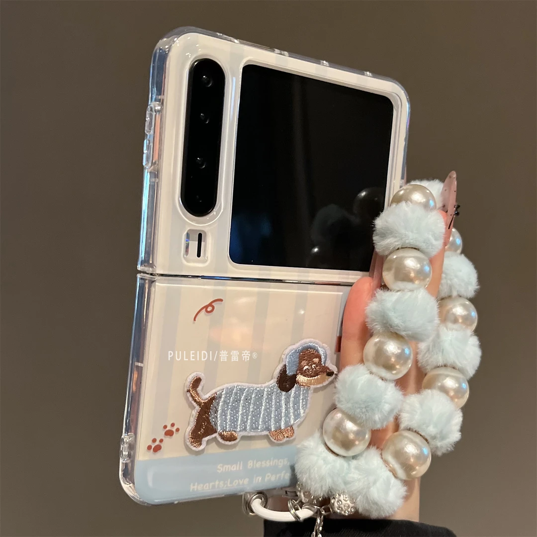 蓝白刺绣耳机腊肠狗适用华为puraX典藏版折叠屏手机壳可爱创意