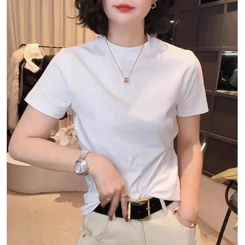 2025多色夏季时尚圆领设计感纯色T恤时尚百搭短袖显瘦上衣款女