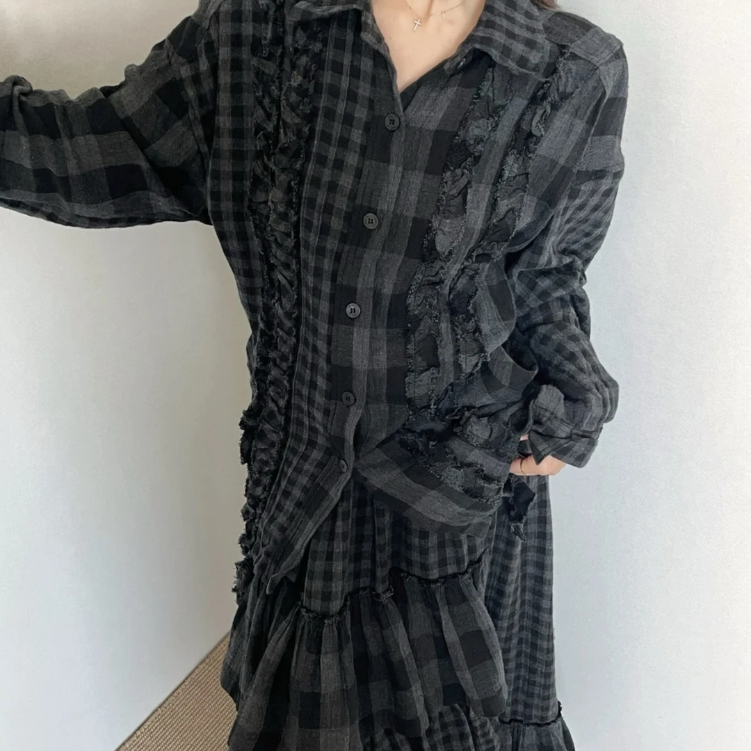 【lunan】opyy拼接设计荷叶边格纹上衣➕裙子