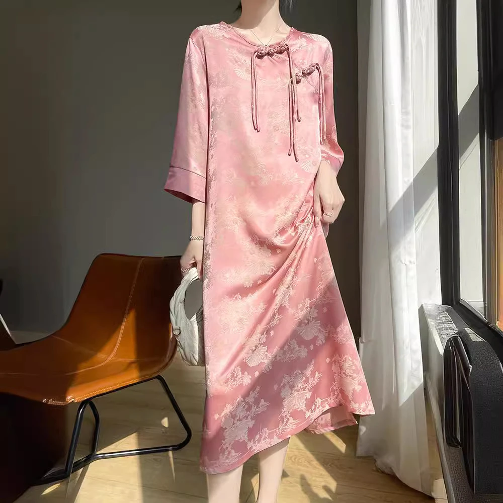 连衣裙斜襟植物花卉套头长裙唐装复古夏季圆领性感风提花新中式