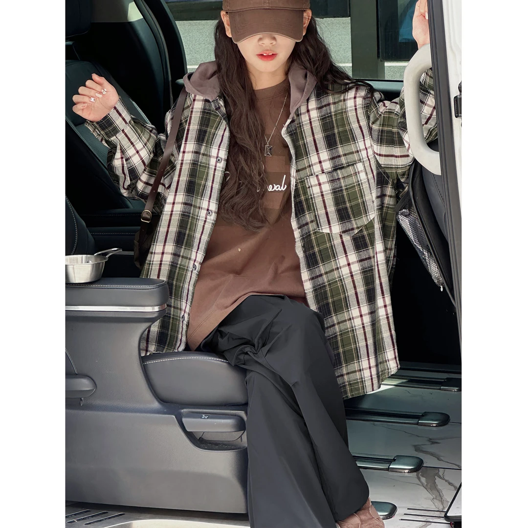 K28250孙小美韩系女童格子衬衫2025秋装新款儿童连帽上衣春秋外套