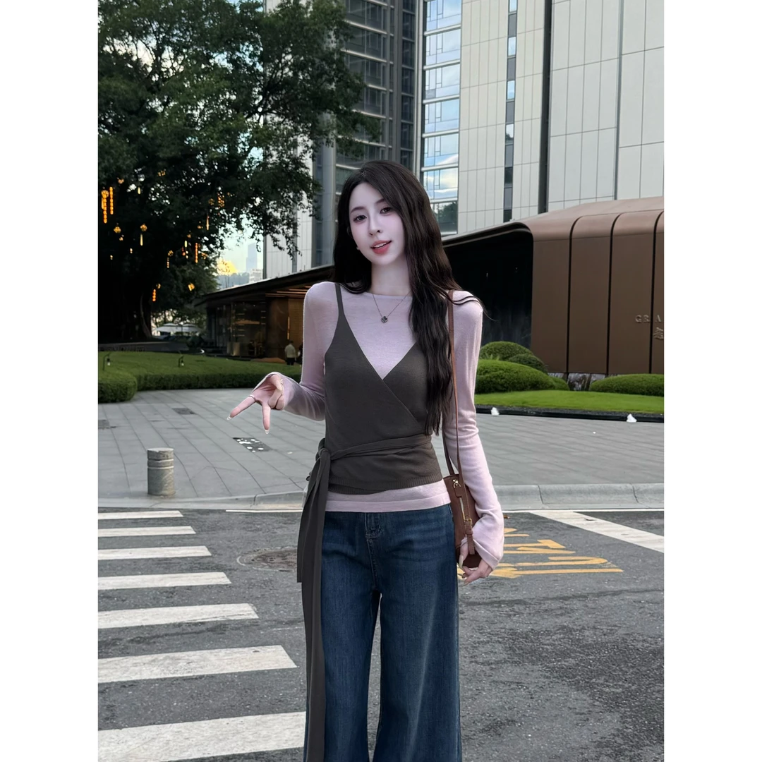 YUANLIANSU/圆脸酥【雾漫山肩】圆领长袖T恤+收腰吊带两件套女秋季