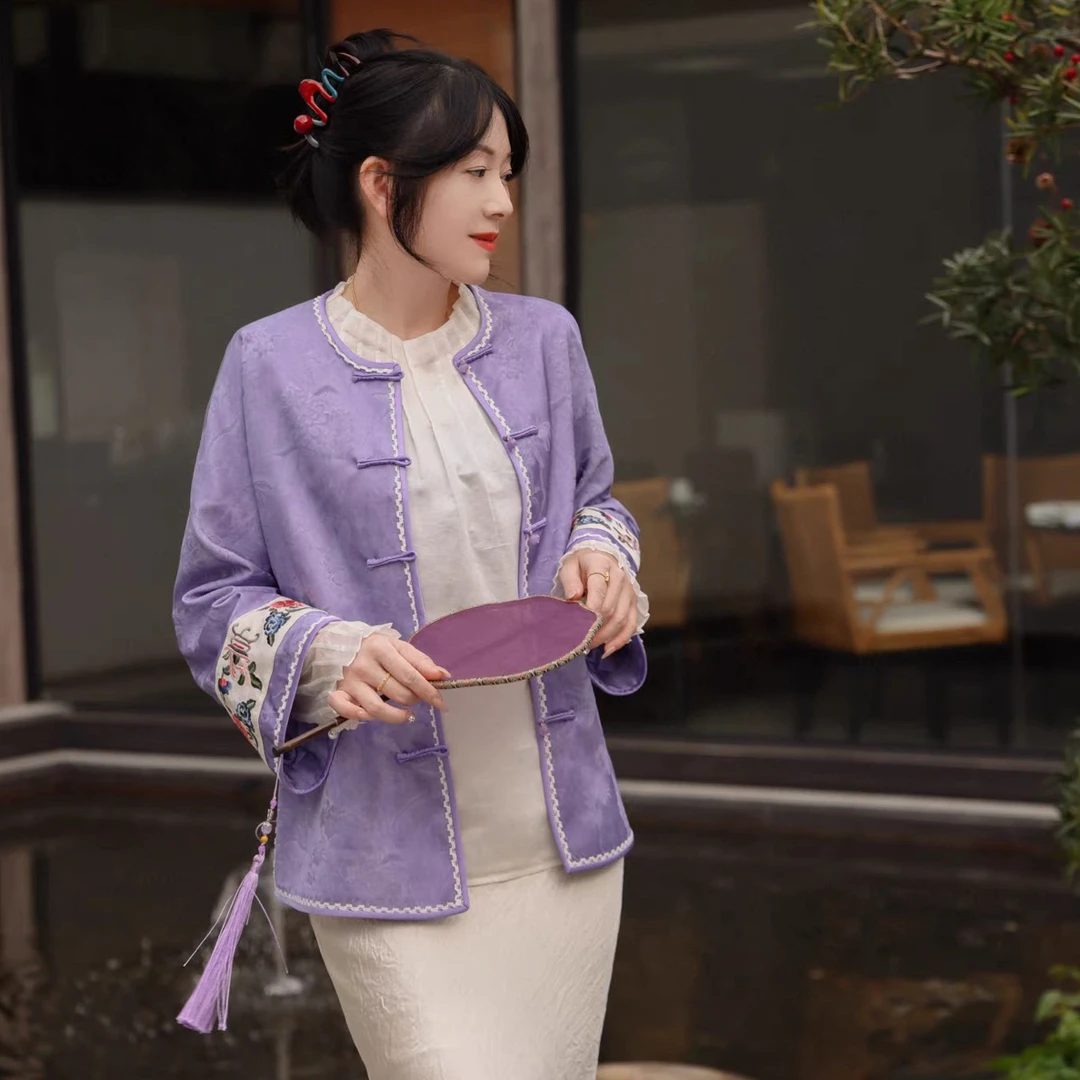 小花家香云纱提花对襟盘扣外套