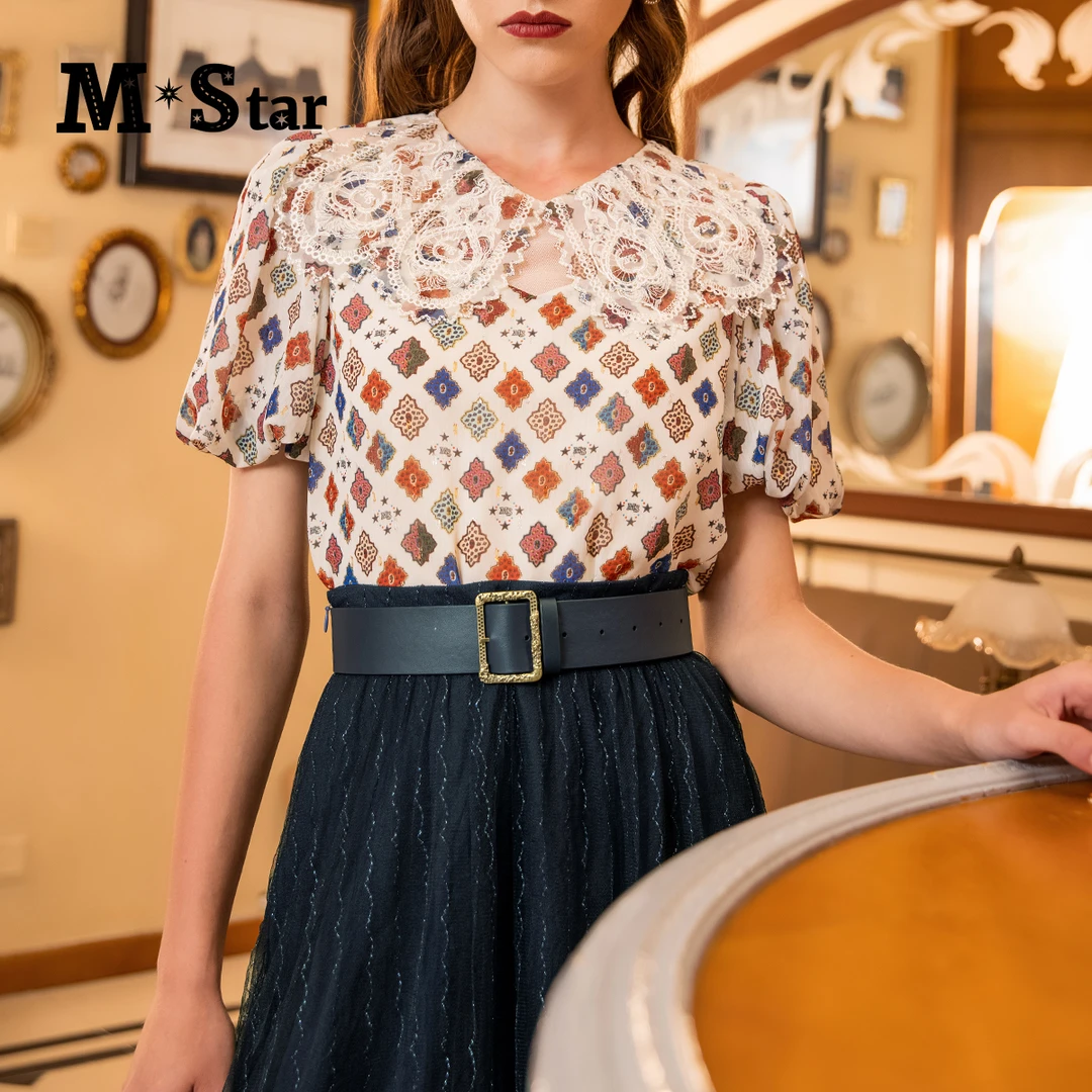 【小杨总专属】M-Star绣花翻领格纹灯笼袖雪纺衫 SCHS122345