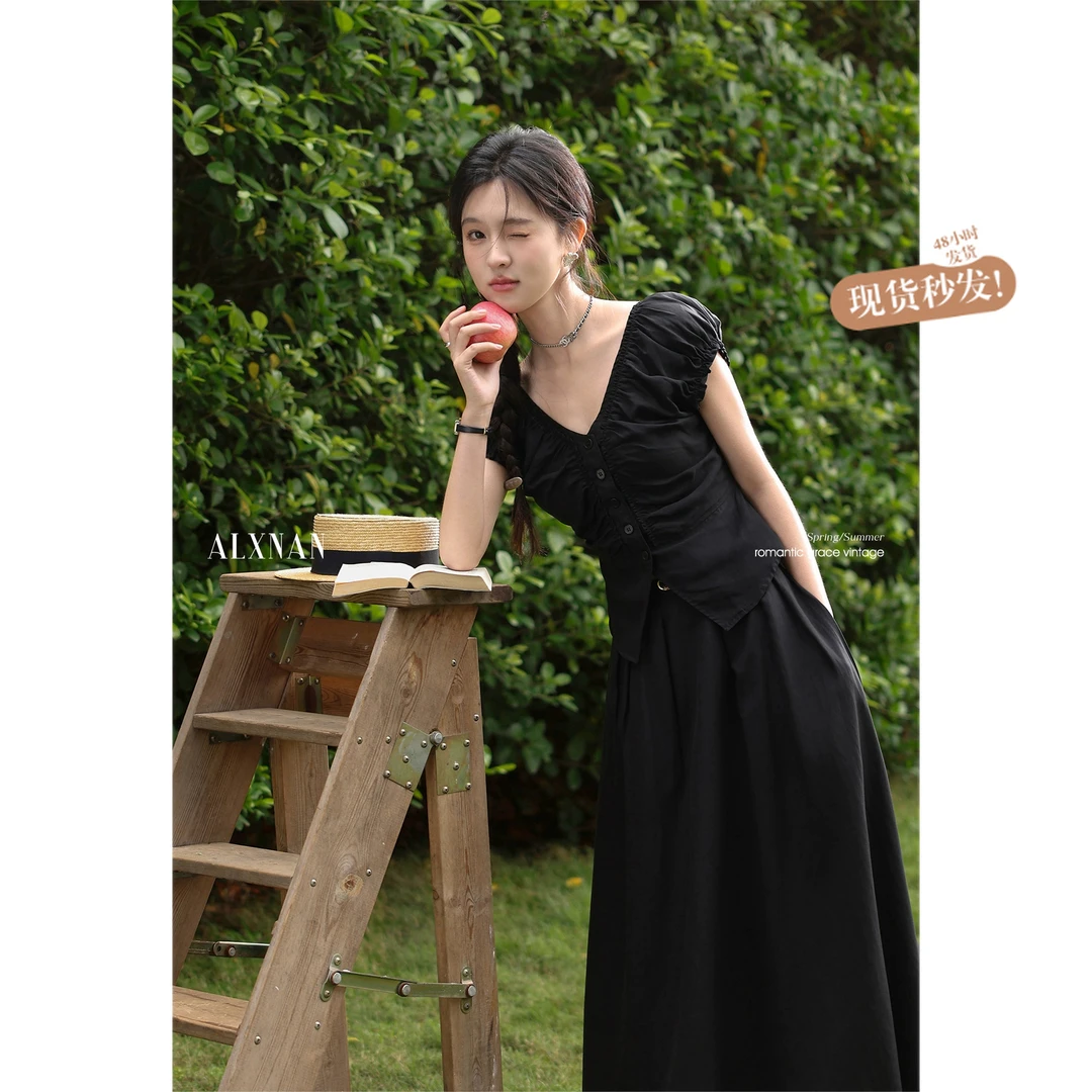 【清清】【夜曲诗调】MOMO优雅v领连衣裙女设计感收腰长裙