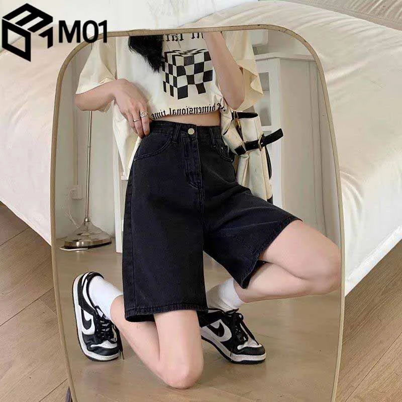 M01大码黑色五分牛仔裤女夏季梨型身材显瘦短裤高腰宽松直筒中裤