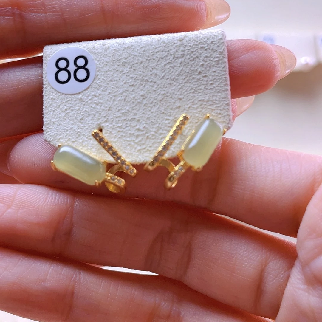 和田玉耳饰银S925镀金镶嵌?****n