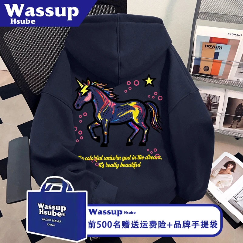 WASSUP HSUBE秋冬炫酷独角兽印花藏青色个性上衣男款连帽套头卫衣