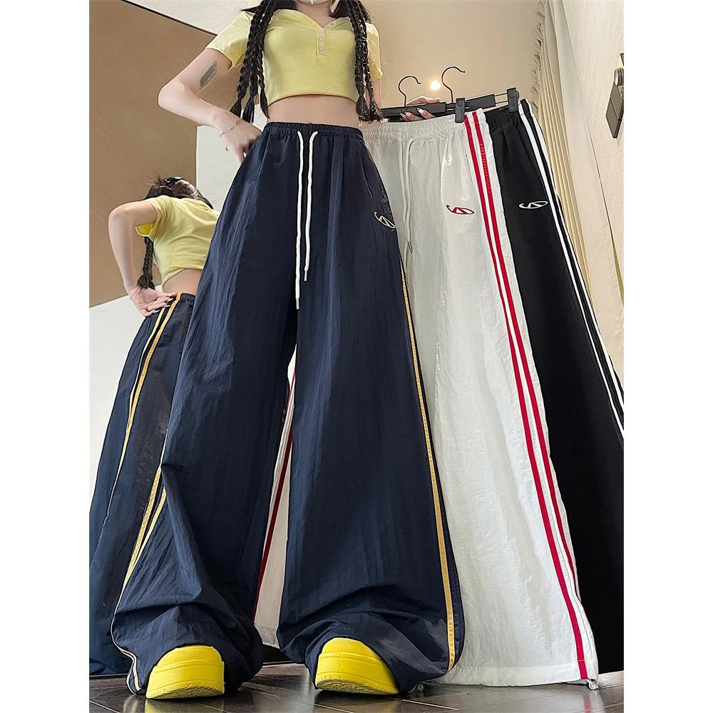 撞色条纹休闲裤男女夏季垂感街舞嘻哈宽松阔腿速干美式运动工装裤