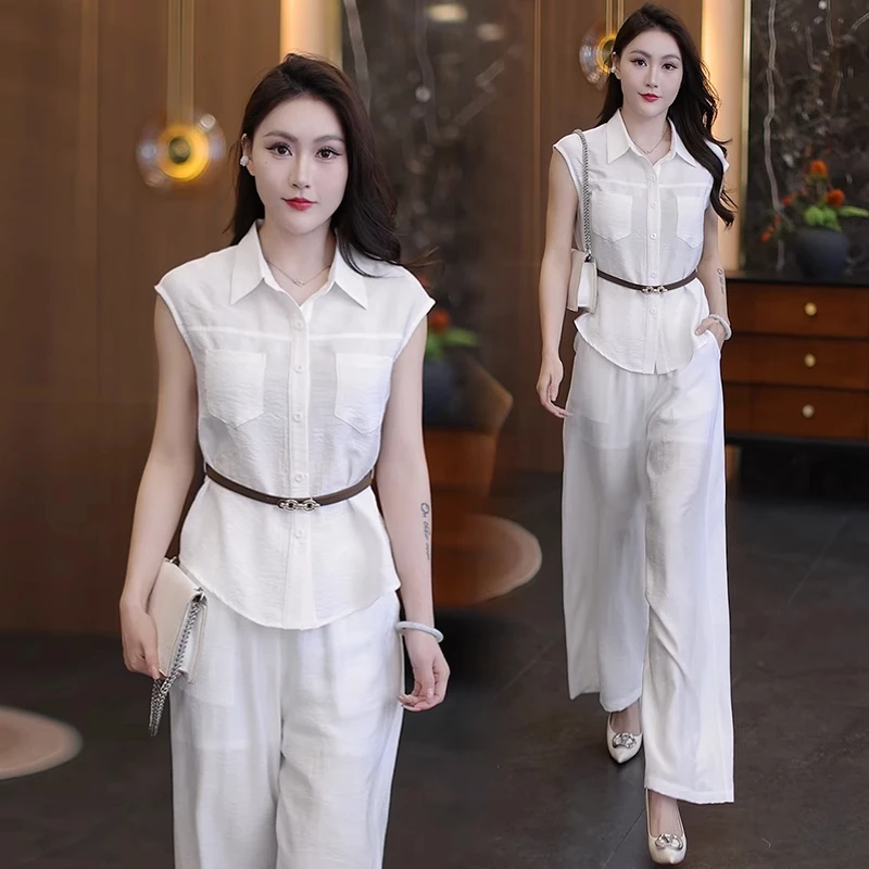 时尚套装女2025夏季新款洋气遮肉显瘦雪纺衬衫阔腿裤气质两件套潮