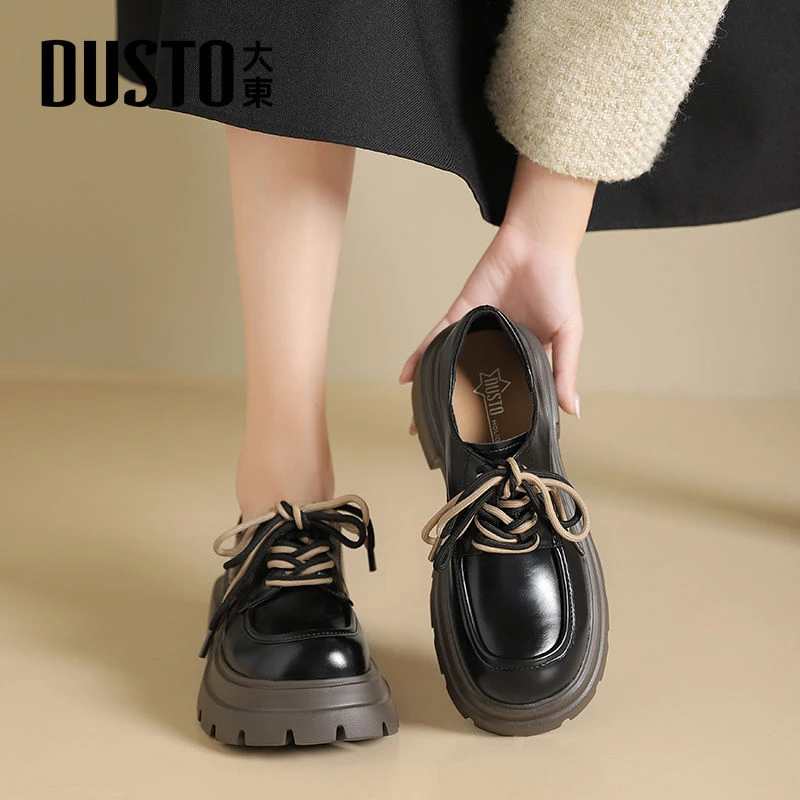 大东厚底粗跟乐福鞋女春季小个子百搭学院风增高女鞋圆头系带0146