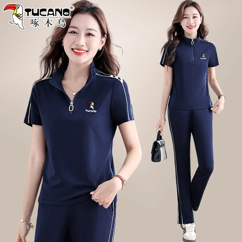 啄木鸟女士运动套装女夏2025新款洋气时髦妈妈夏装冰丝短袖两件套