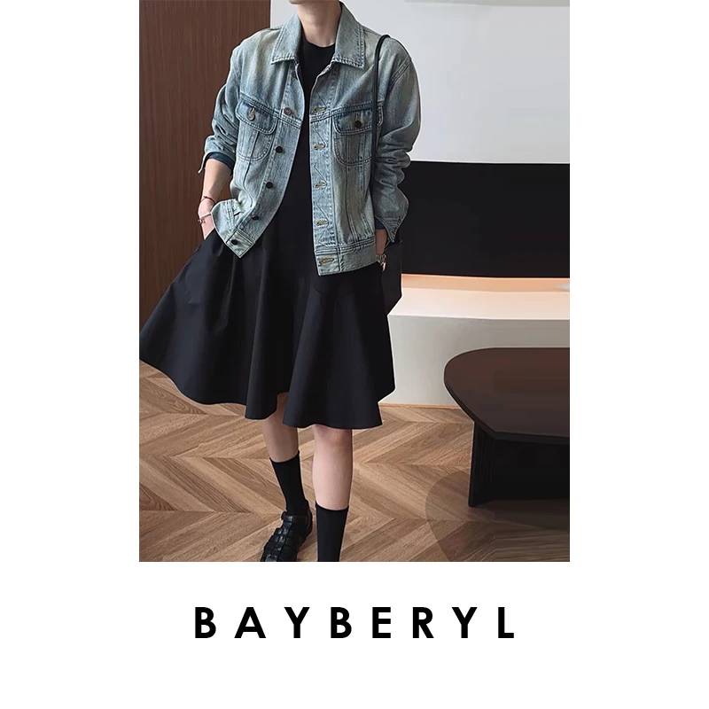 BAYBERYL老贝小黑裙*拼接摆圆领时尚春短袖连衣裙DR5B2802-3/15