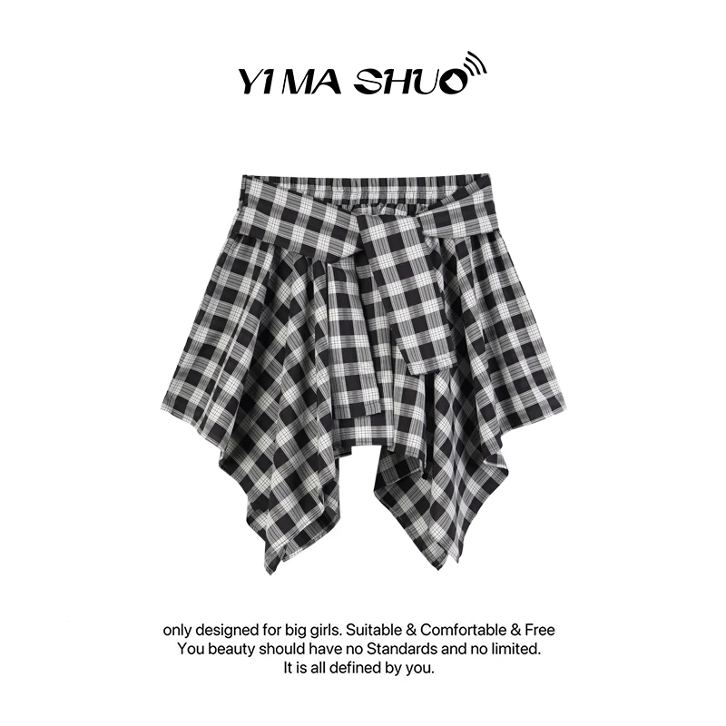 【伊妈说大码女装】新款大码女设计感绑带格子不规则显瘦短半身裙
