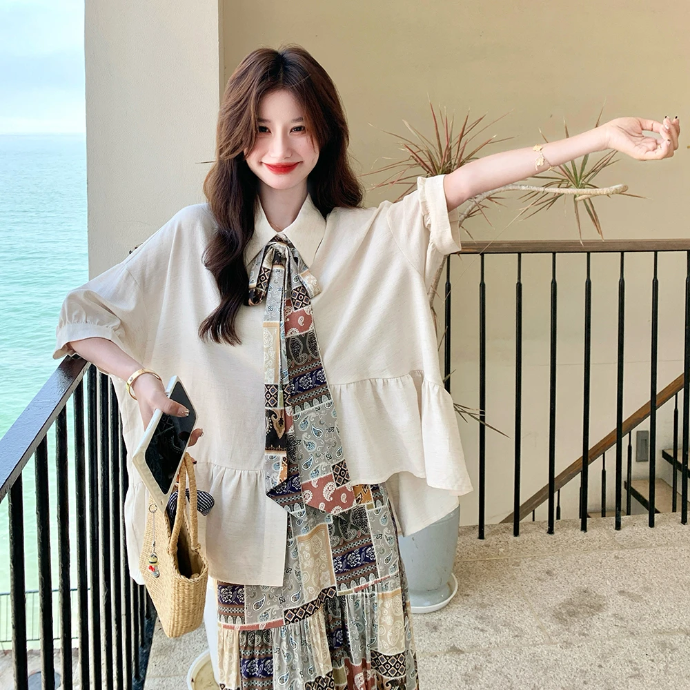 2025夏季新款韩版时尚气质百搭显瘦长袖上衣+高腰半身裙两件套